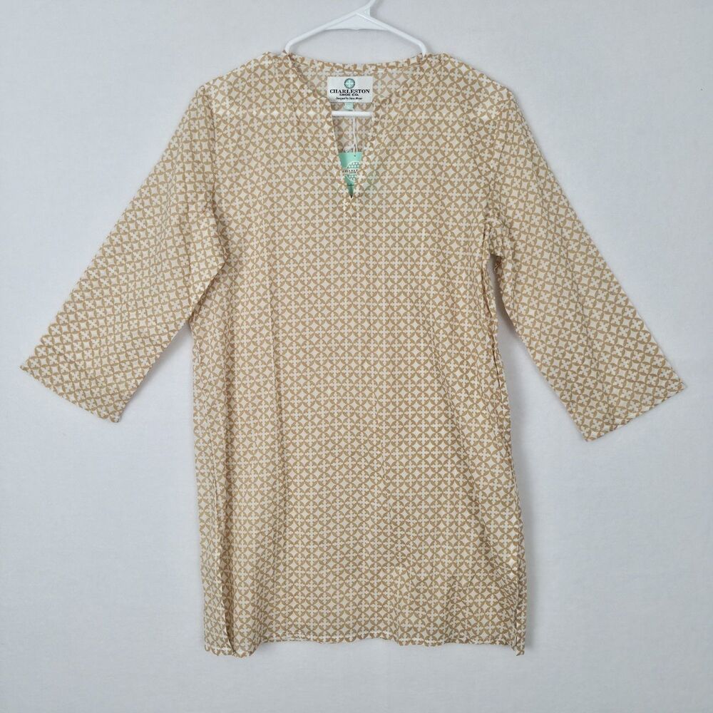 NWT Charleston Shoe Co Swim Cover Up Dress Medium Steve Mayer Cotton Tan/White